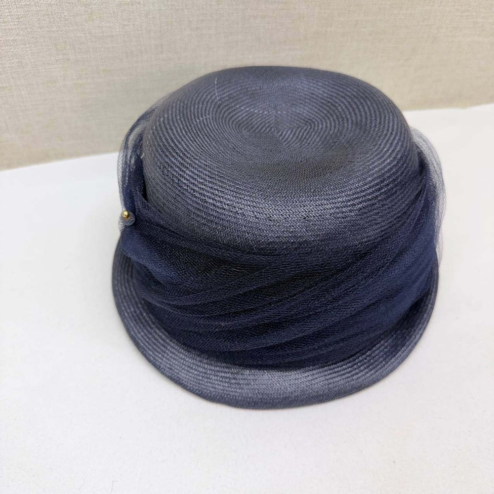 Vintage Mr John Classic Navy Blue Woven Straw Pillbox Hat Tulle Netting Woodward